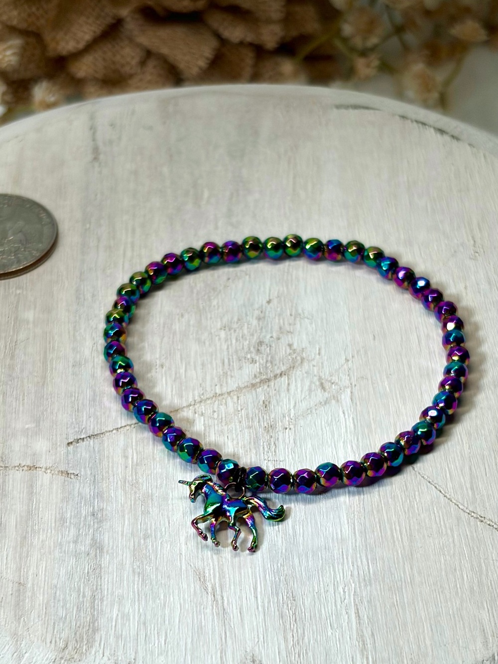Rainbow Hematite Unicorn Beaded Bracelet - Picture 2 of 12